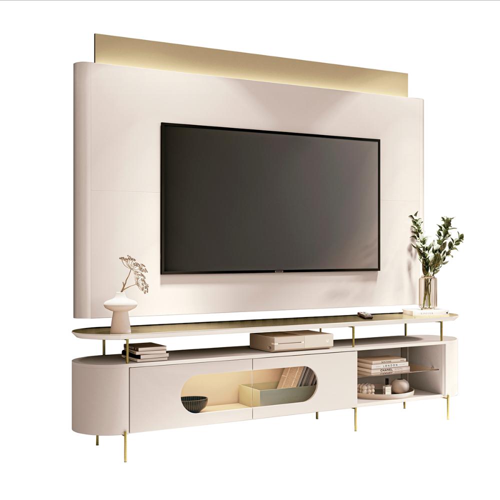Conjunto Bancada Aria e Painel Nobre LED para TV até 85” Off White/Champanhe