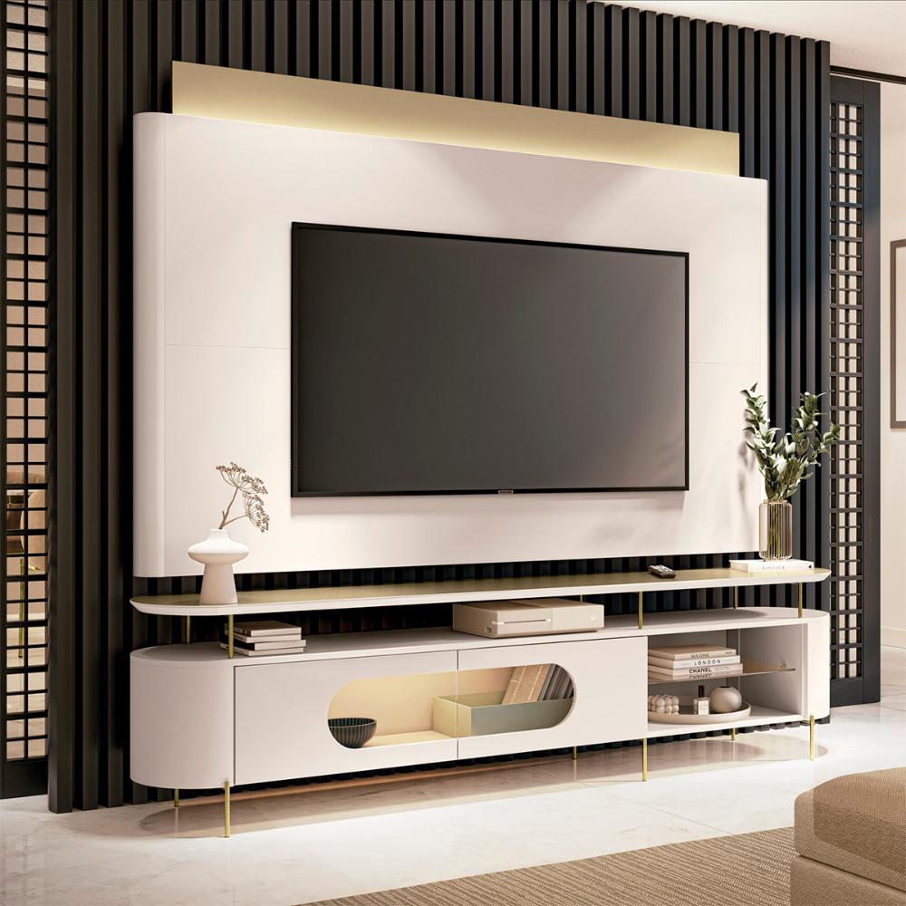 Conjunto Bancada Aria e Painel Nobre LED para TV até 85” Off White/Champanhe