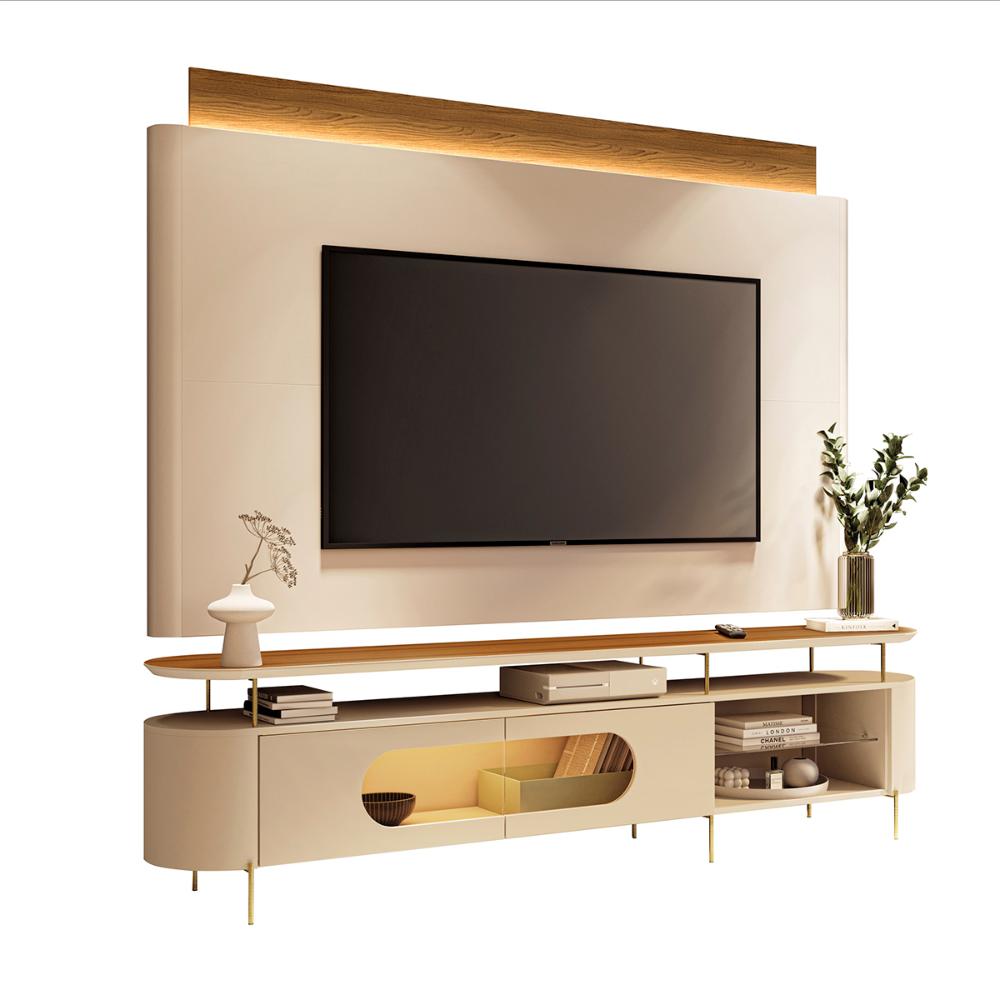 Conjunto Bancada Aria e Painel Nobre LED para TV até 85” Off White/Cinamomo