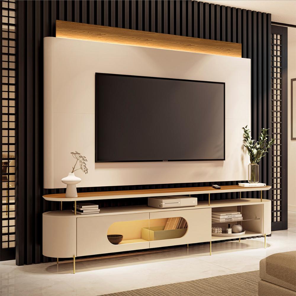 Conjunto Bancada Aria e Painel Nobre LED para TV até 85” Off White/Cinamomo