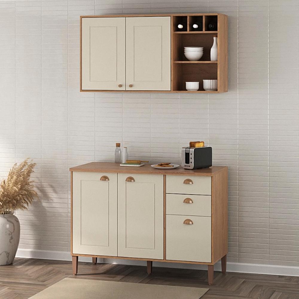 Conjunto Cozinha Tunísia 120cm 5 Portas com Aéreo e Balcão Canelato/Off White