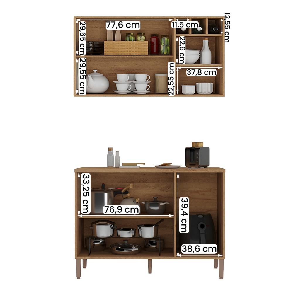 Conjunto Cozinha Tunísia 120cm 5 Portas com Aéreo e Balcão Canelato/Off White