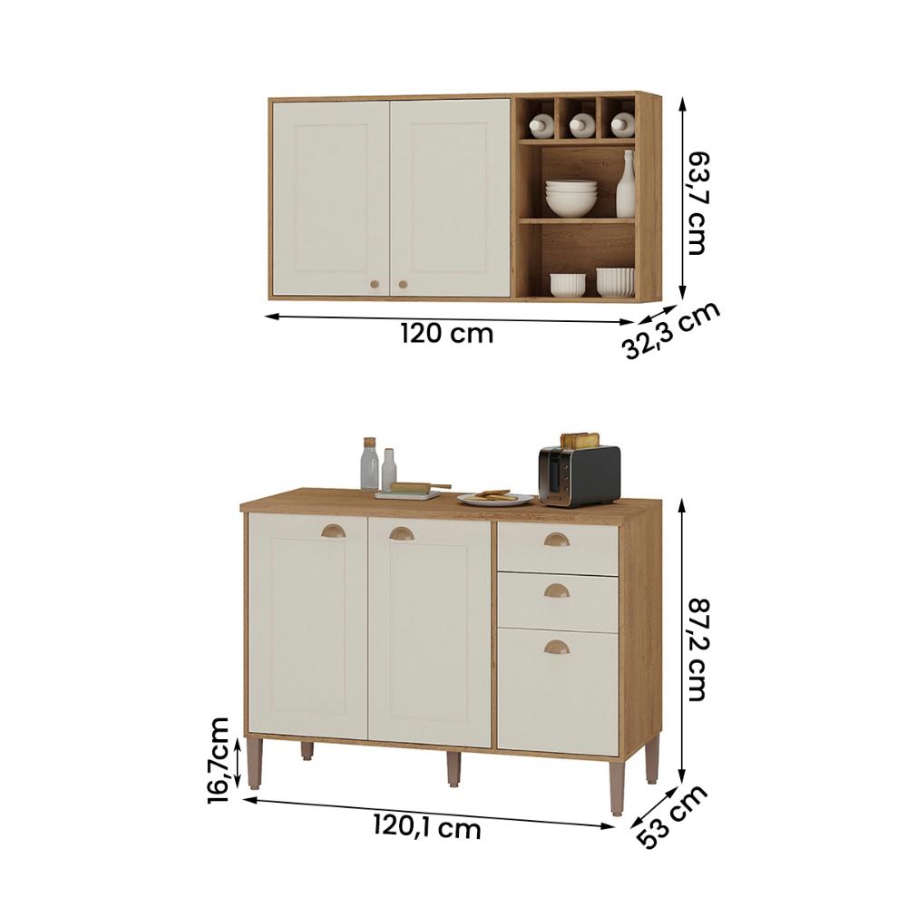 Conjunto Cozinha Tunísia 120cm 5 Portas com Aéreo e Balcão Canelato/Off White