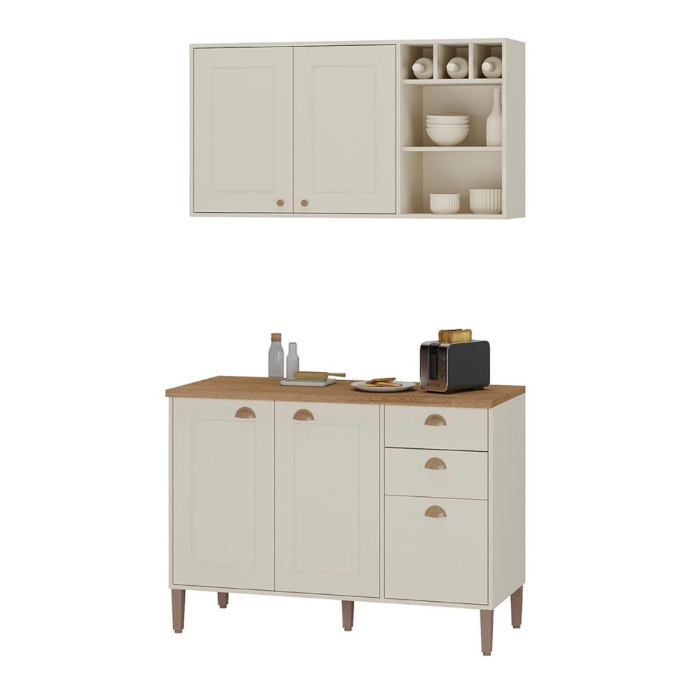 Conjunto Cozinha Tunísia 120cm 5 Portas com Aéreo e Balcão Off White/Canelato