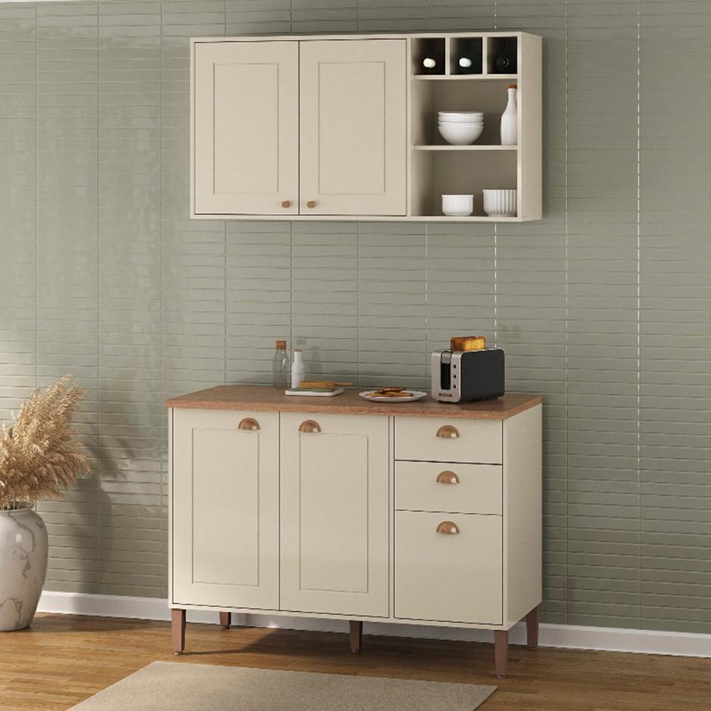 Conjunto Cozinha Tunísia 120cm 5 Portas com Aéreo e Balcão Off White/Canelato