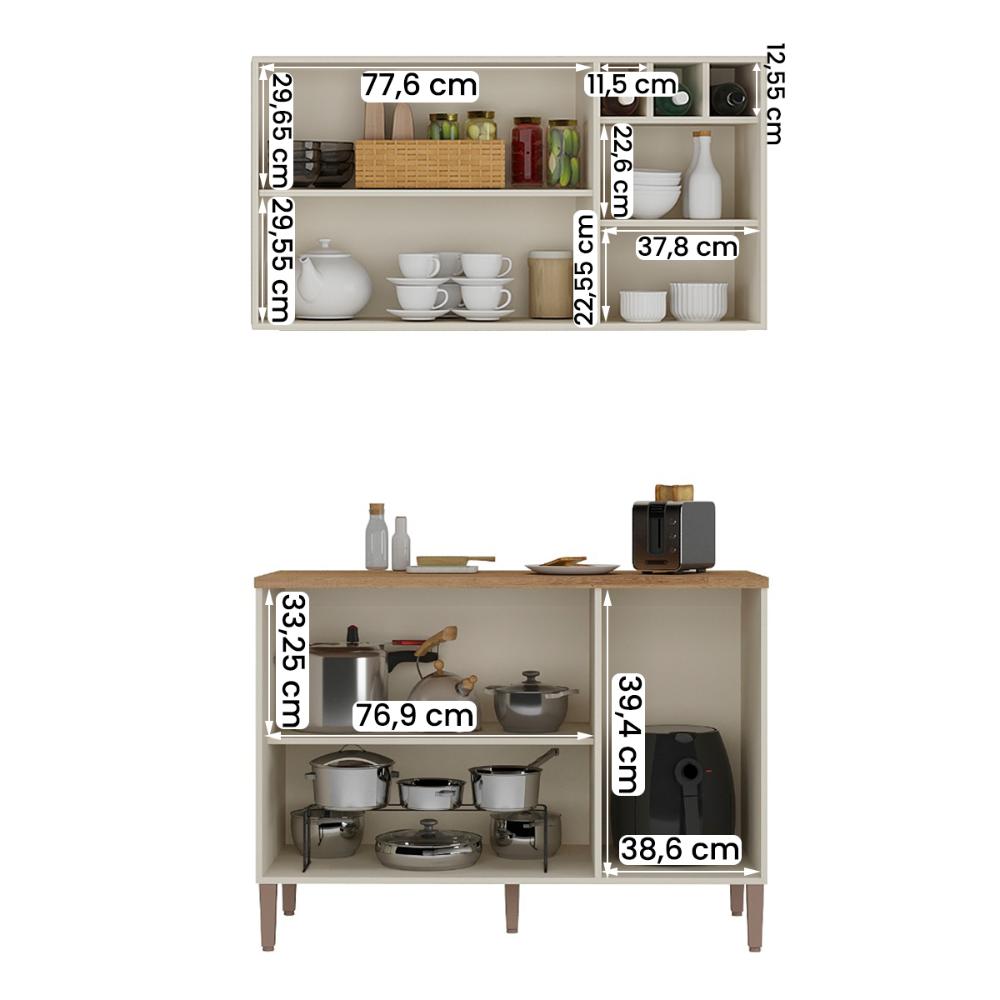 Conjunto Cozinha Tunísia 120cm 5 Portas com Aéreo e Balcão Off White/Canelato