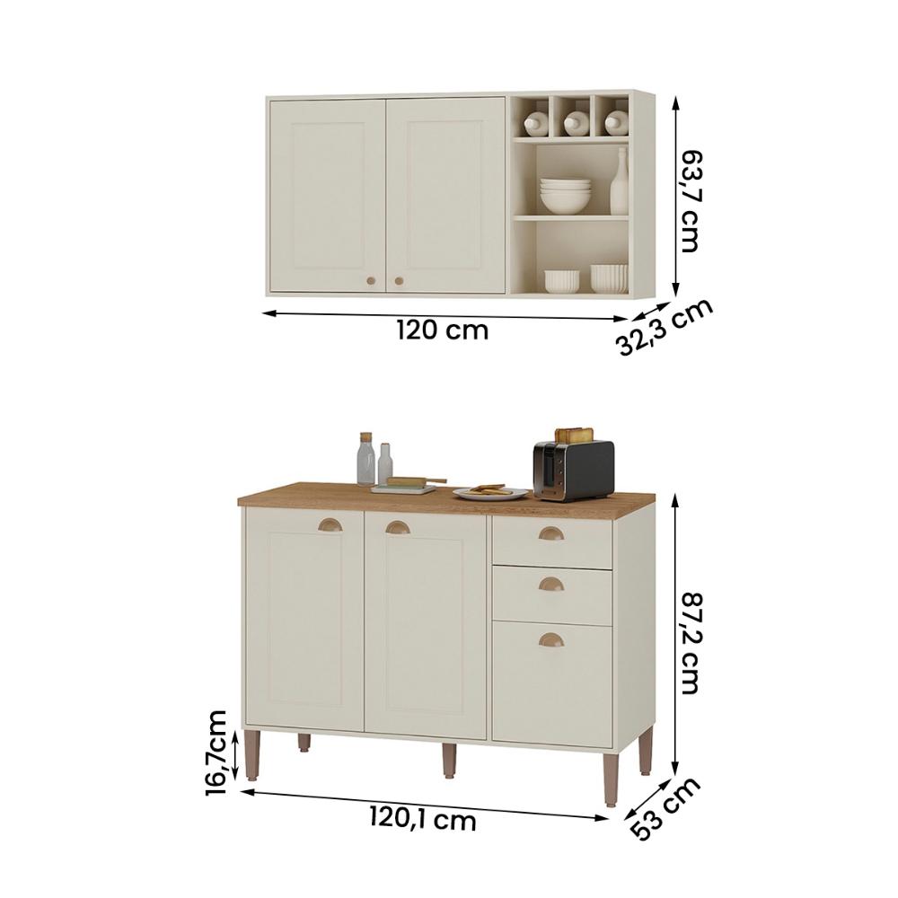 Conjunto Cozinha Tunísia 120cm 5 Portas com Aéreo e Balcão Off White/Canelato