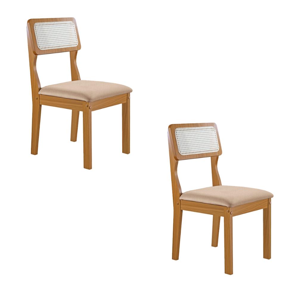 Conjunto de 2 Cadeiras Agata Retrô com Estofado em Linho Bege Claro/Cinamomo