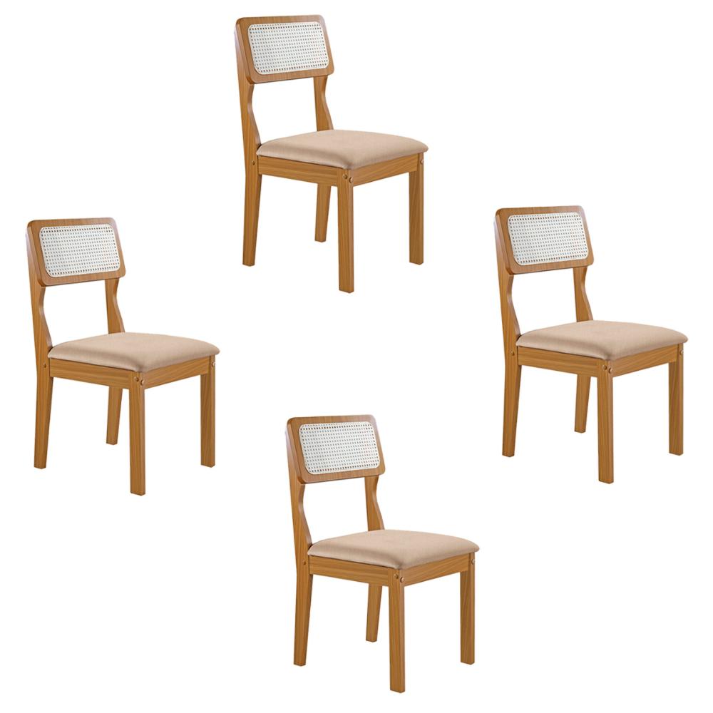 Conjunto de 4 Cadeiras Agata Retrô com Estofado em Linho Bege Claro/Cinamomo