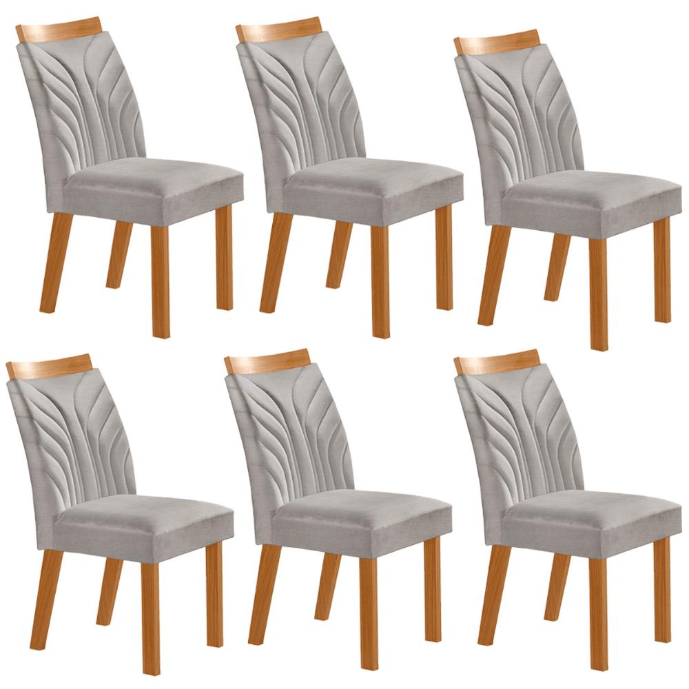 Conjunto de 6 Cadeiras Veneza com Tecido Linho Encosto Alto Cinza Claro/Cinamomo