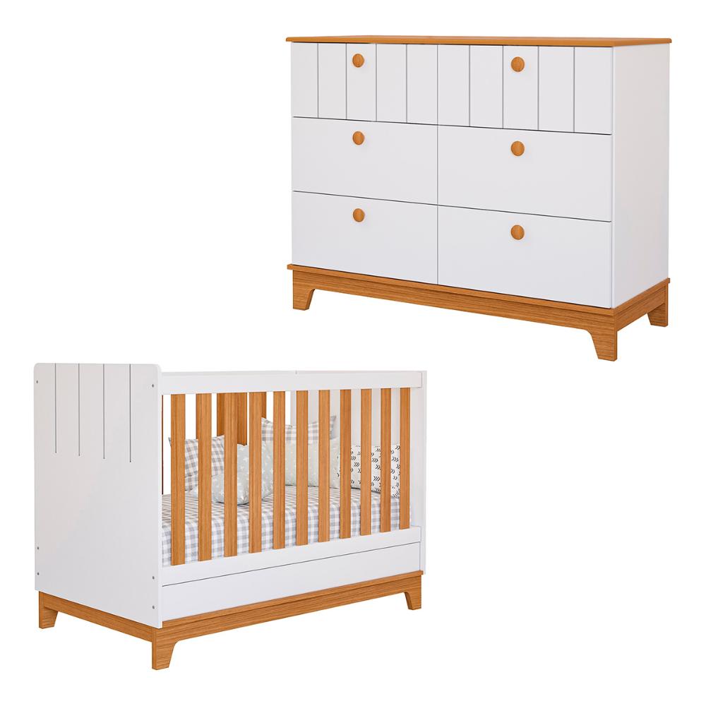 Conjunto de Berço Biscoito com Comoda Biscoito 6 Gavetas Branco Acetinado/Nature