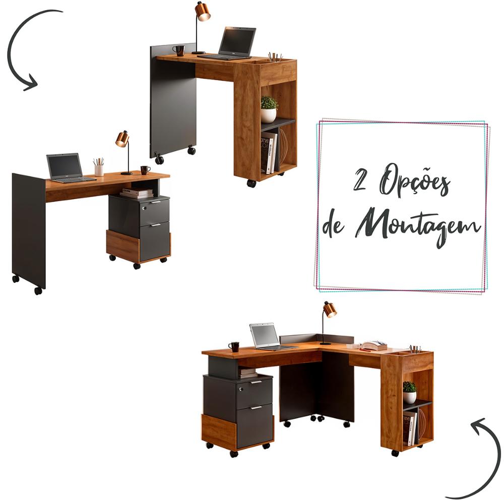 Conjunto de Escrivaninha Alessa com 2 Gavetas e Rodizios Amendoa/Chumbo