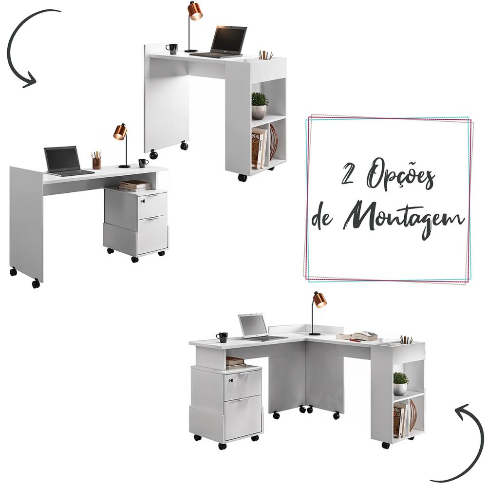 Conjunto de Escrivaninha Alessa com 2 Gavetas e Rodizios Branco