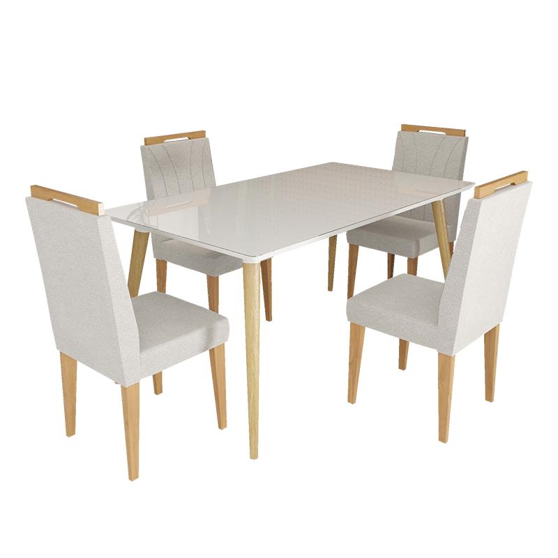 Conjunto de Mesa 160x90 Veneza Com Vidro e 4 Cadeiras Onix Branco/Bege Claro