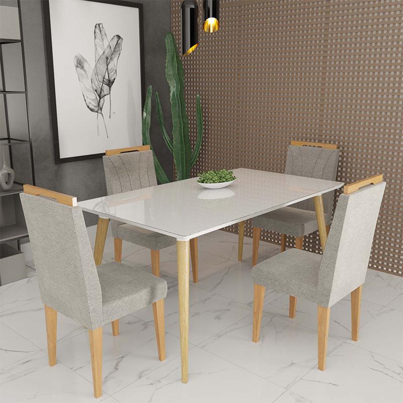 Conjunto de Mesa 160x90 Veneza Com Vidro e 4 Cadeiras Onix Branco/Bege Escuro