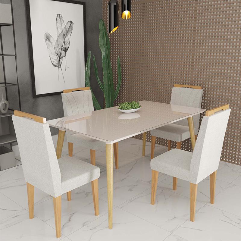 Conjunto de Mesa 160x90 Veneza Com Vidro e 4 Cadeiras Onix Off White/Bege Claro