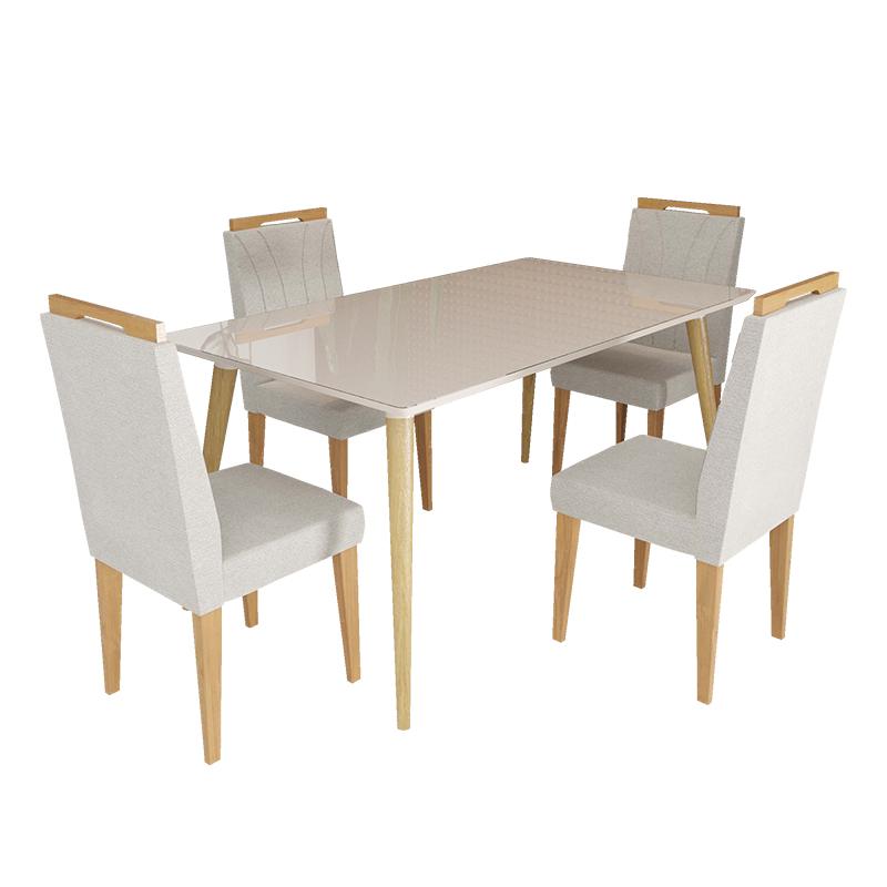 Conjunto de Mesa 160x90 Veneza Com Vidro e 4 Cadeiras Onix Off White/Bege Claro