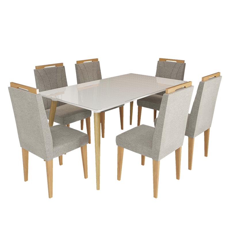 Conjunto de Mesa 160x90 Veneza Com Vidro e 6 Cadeiras Onix Branco/Bege Escuro