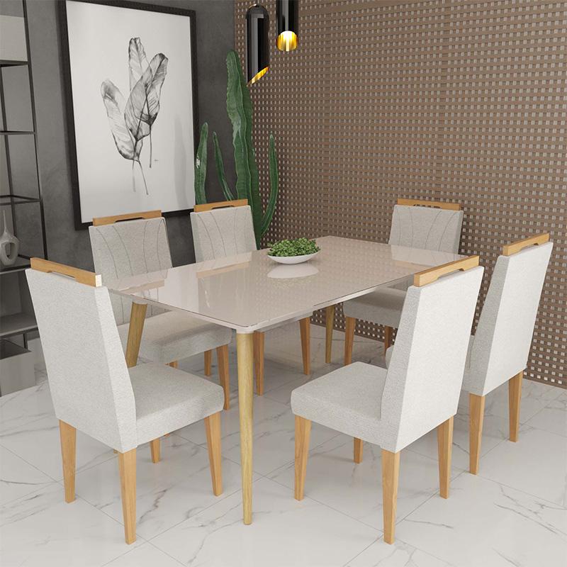 Conjunto de Mesa 160x90 Veneza Com Vidro e 6 Cadeiras Onix Off White/Bege Claro