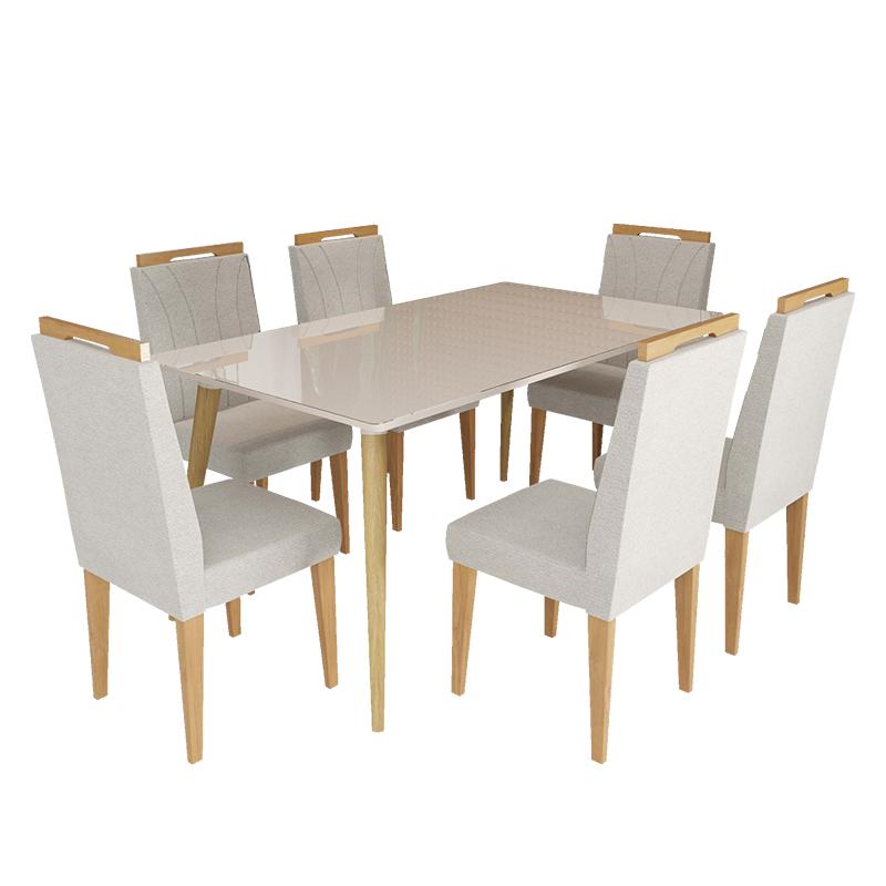 Conjunto de Mesa 160x90 Veneza Com Vidro e 6 Cadeiras Onix Off White/Bege Claro