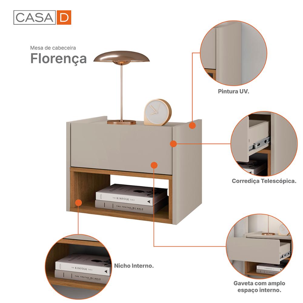 Conjunto de Mesa Cabeceira Quarto Florença Suspensa 1 Gaveta Off White/Cedro