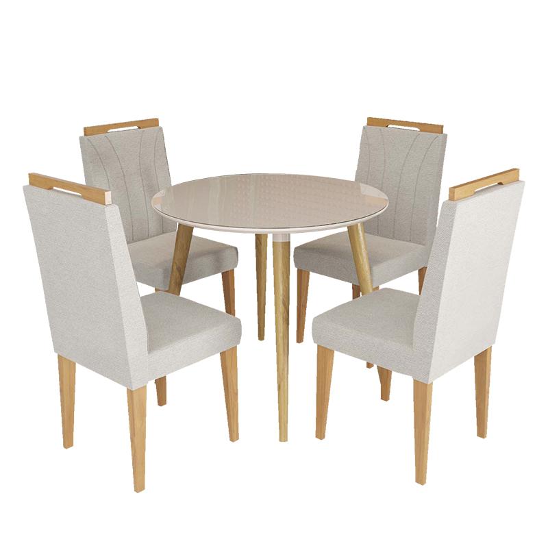 Conjunto de Mesa Redonda Veneza Com Vidro e 4 Cadeiras Onix Off White/Bege Claro