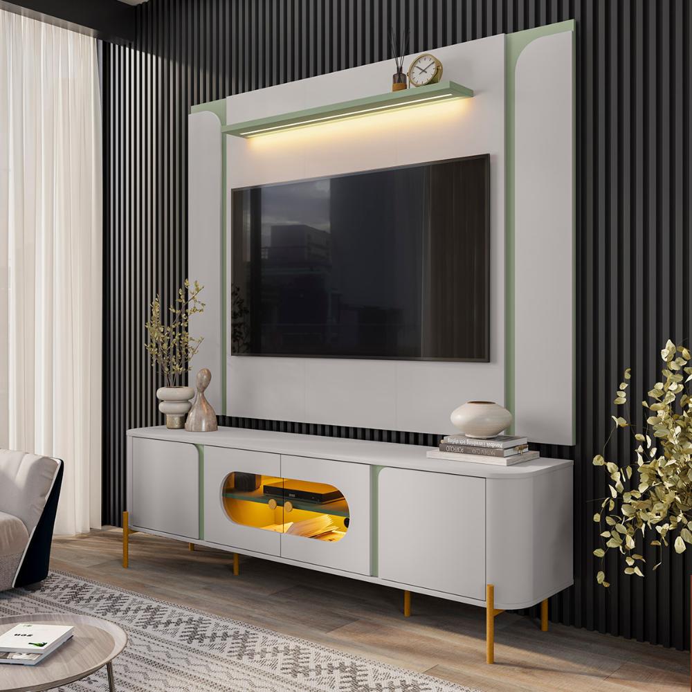 Conjunto de Painel Maresias com Rack Juquehy Para TV até 75" Off White/Pistache