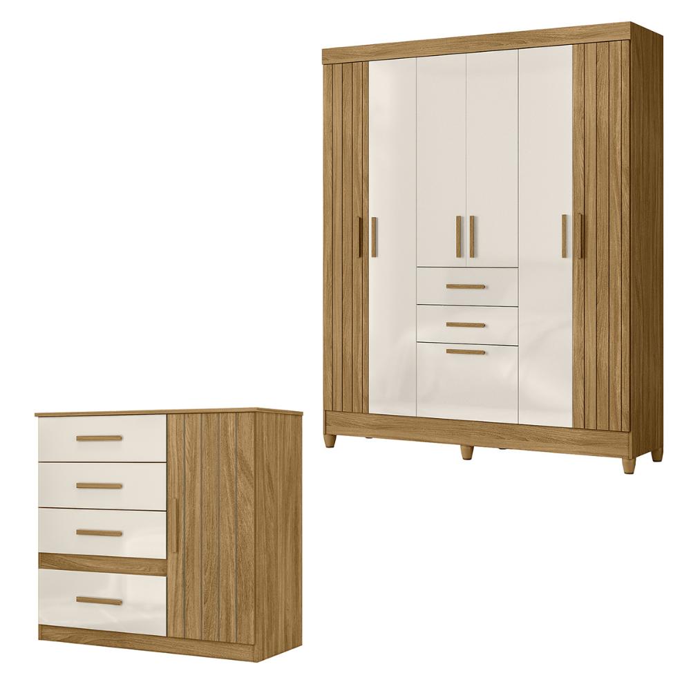 Conjunto de Quarto Guarda Roupa Malta com Comoda Venus Freijo/Off White/Frisado