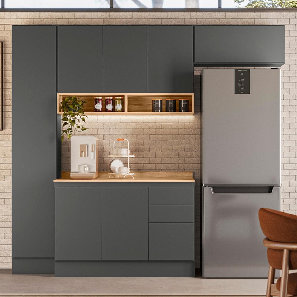 Cozinha Compacta Acacia 240cm com 7 Portas 3 Gavetas Rodape Chumbo