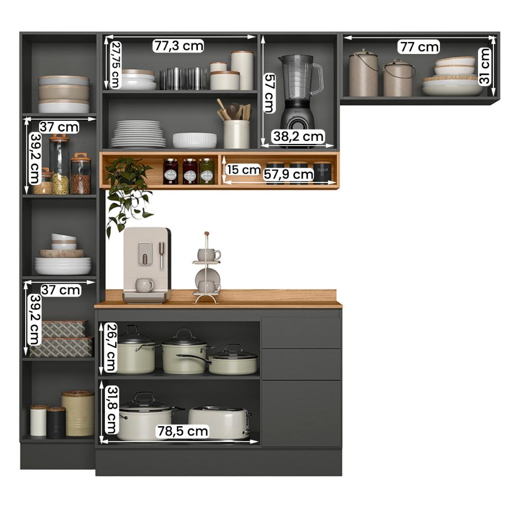 Cozinha Compacta Acacia 240cm com 7 Portas 3 Gavetas Rodape Chumbo