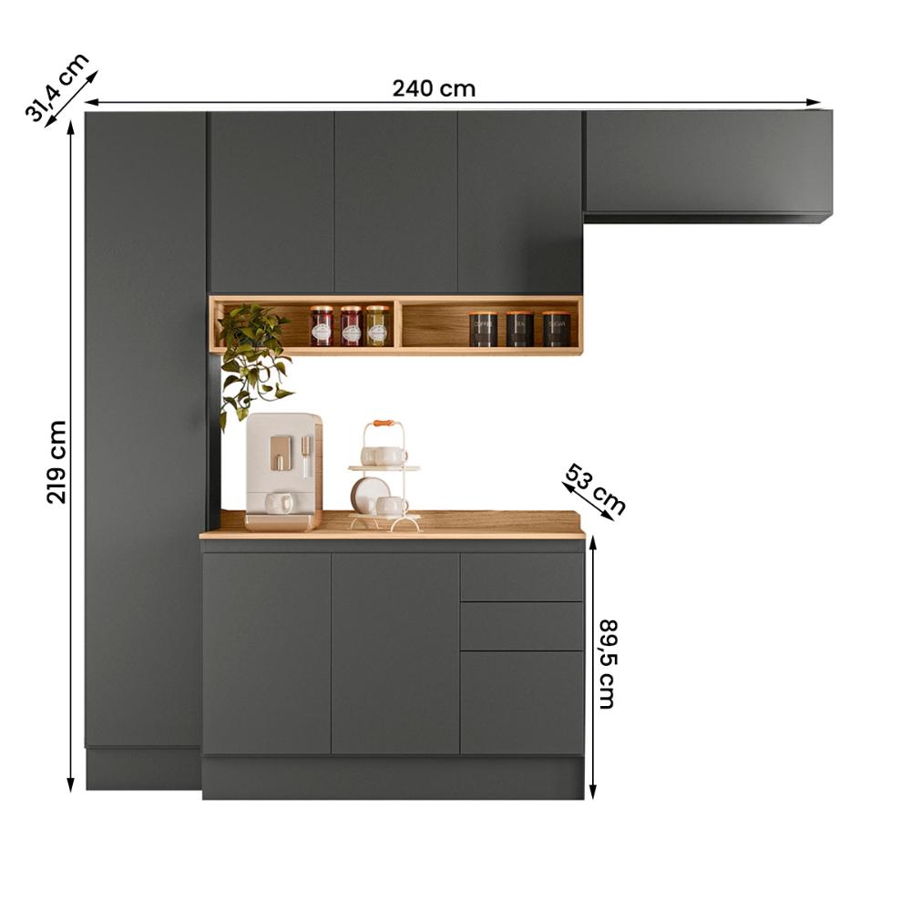 Cozinha Compacta Acacia 240cm com 7 Portas 3 Gavetas Rodape Chumbo