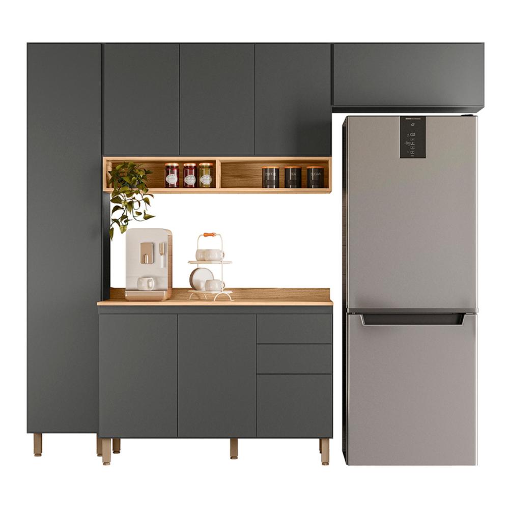 Cozinha Compacta com Balcão Acacia 240cm 7 Portas 3 Gavetas Chumbo