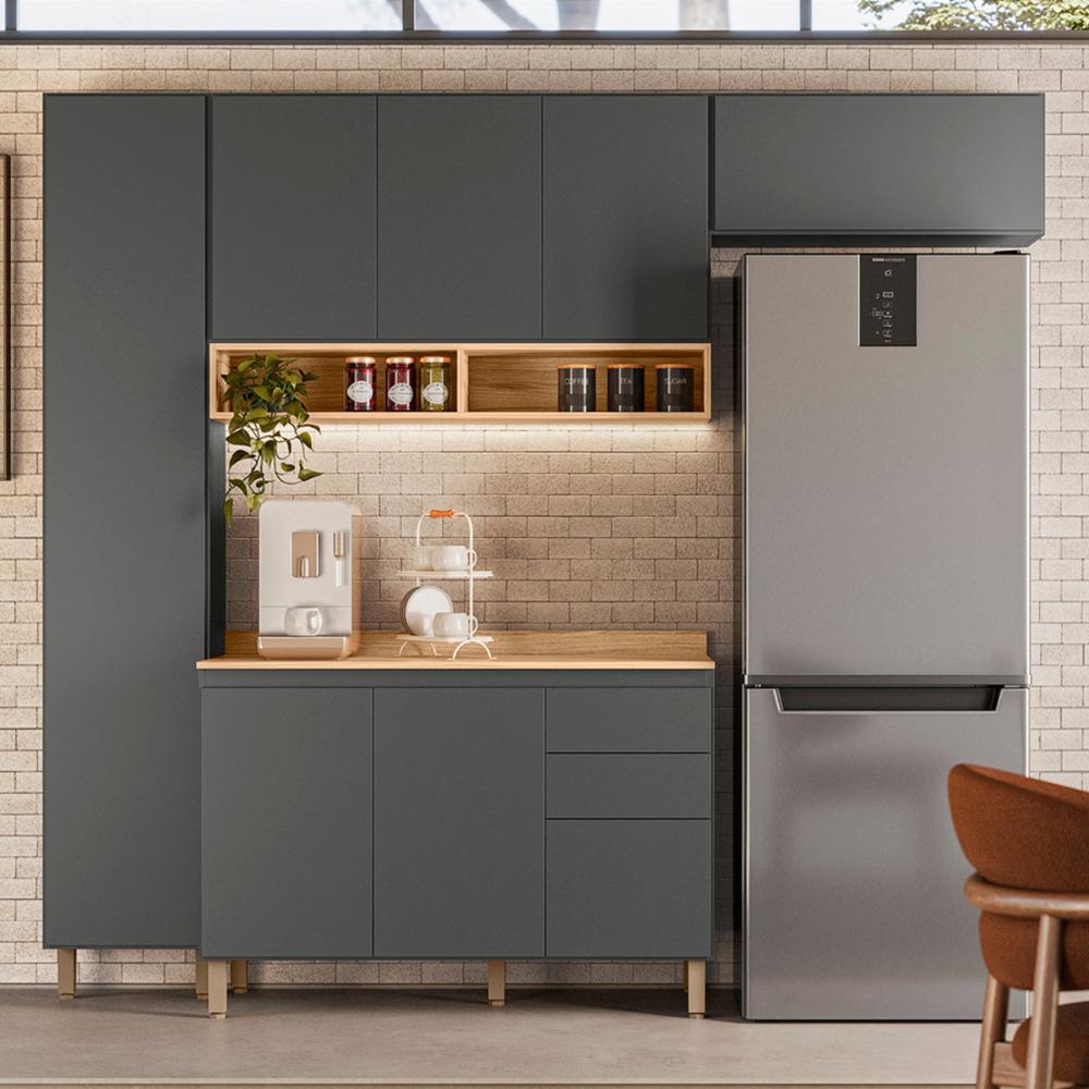 Cozinha Compacta com Balcão Acacia 240cm 7 Portas 3 Gavetas Chumbo