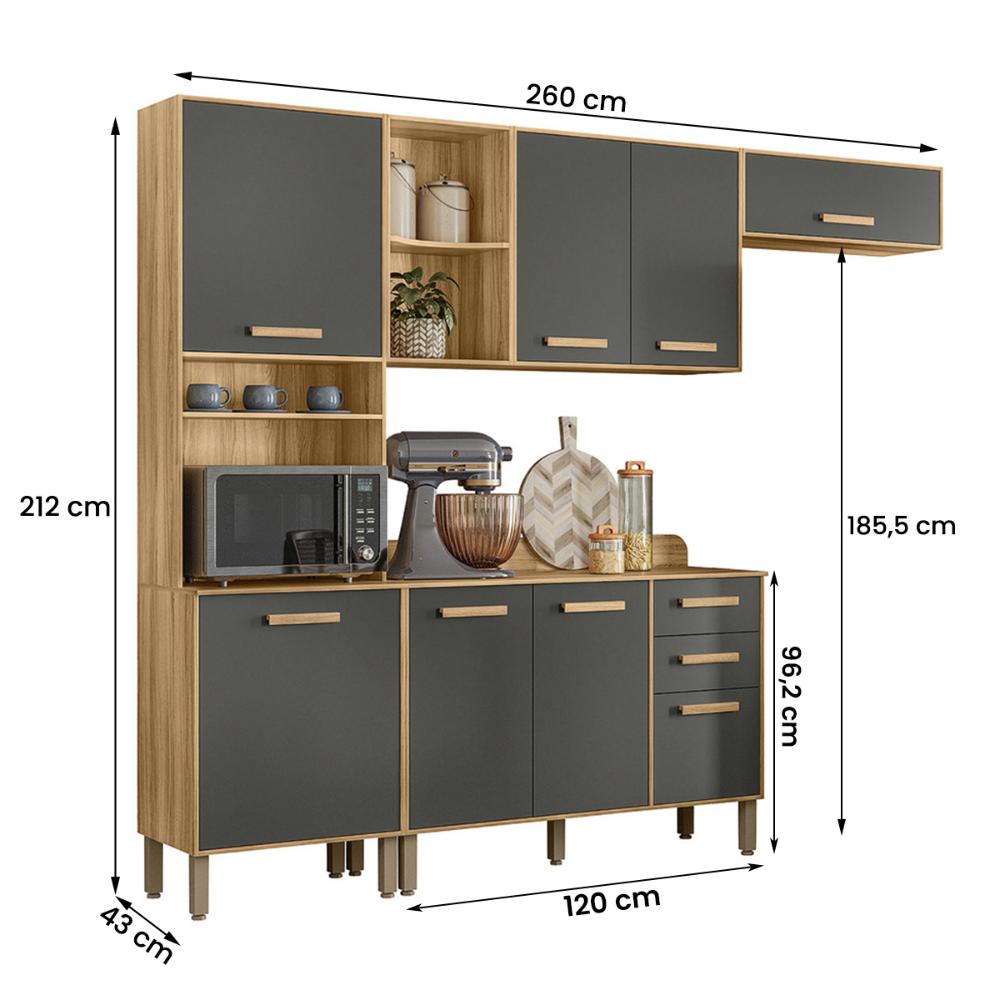 Cozinha Compacta com Balcão Maria Flor 8 Portas e 2 Gavetas Freijo/Chumbo