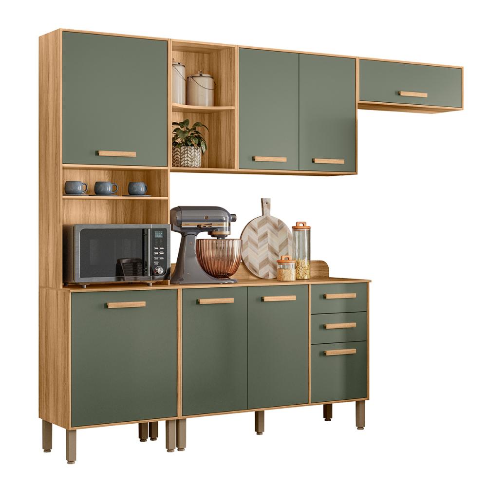 Cozinha Compacta com Balcão Maria Flor 8 Portas e 2 Gavetas Freijo/Verde