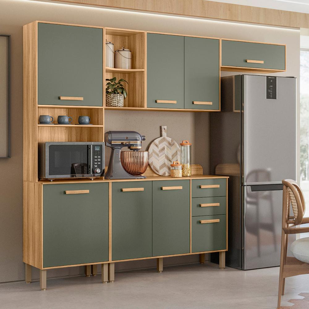 Cozinha Compacta com Balcão Maria Flor 8 Portas e 2 Gavetas Freijo/Verde
