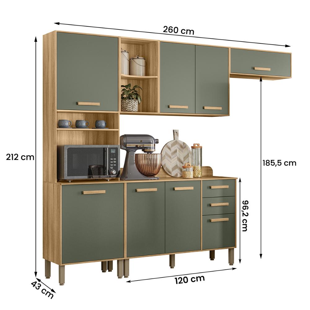 Cozinha Compacta com Balcão Maria Flor 8 Portas e 2 Gavetas Freijo/Verde