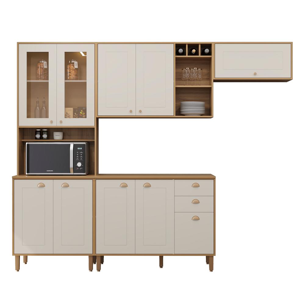 Cozinha Tunísia Completa 263cm com 10 Portas e 2 Gavetas Canelato/Off White