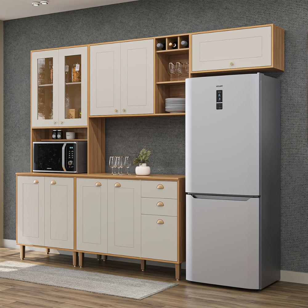 Cozinha Tunísia Completa 263cm com 10 Portas e 2 Gavetas Canelato/Off White