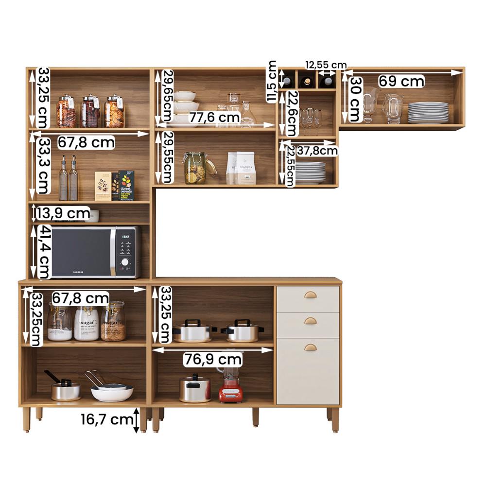 Cozinha Tunísia Completa 263cm com 10 Portas e 2 Gavetas Canelato/Off White