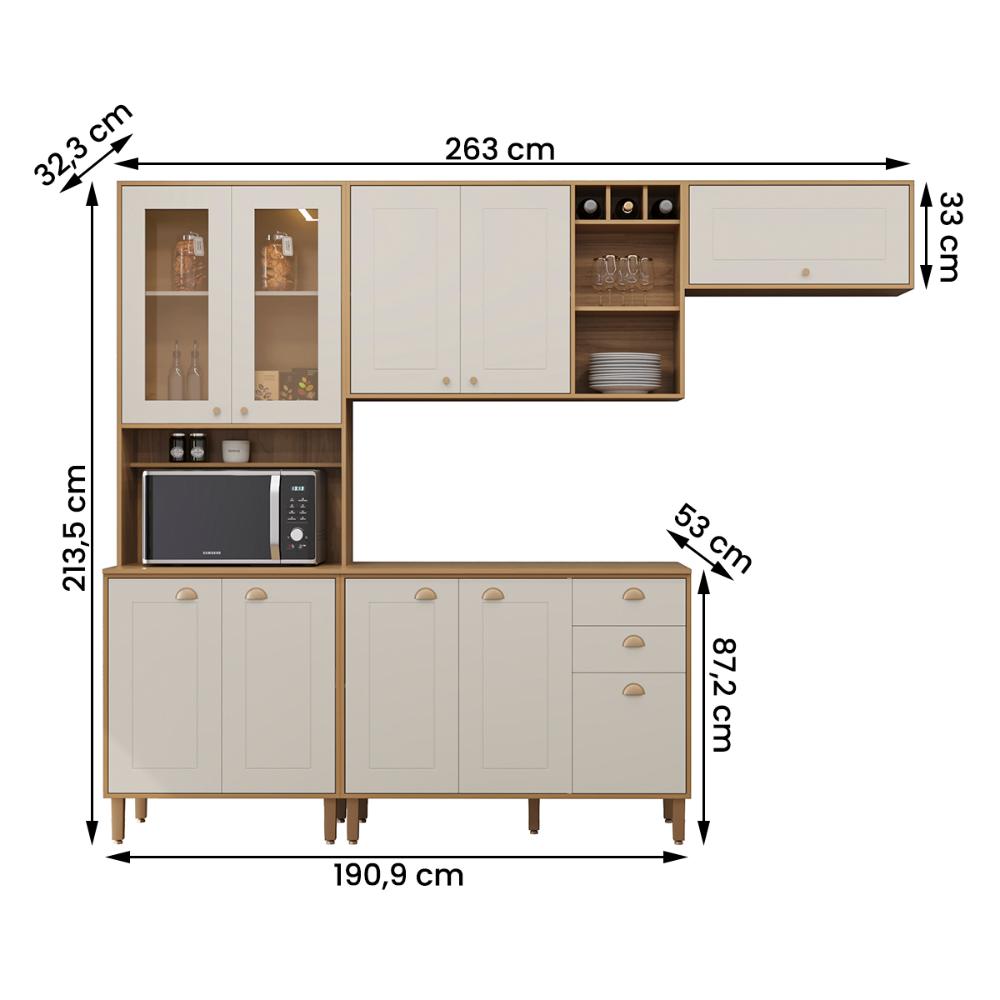Cozinha Tunísia Completa 263cm com 10 Portas e 2 Gavetas Canelato/Off White