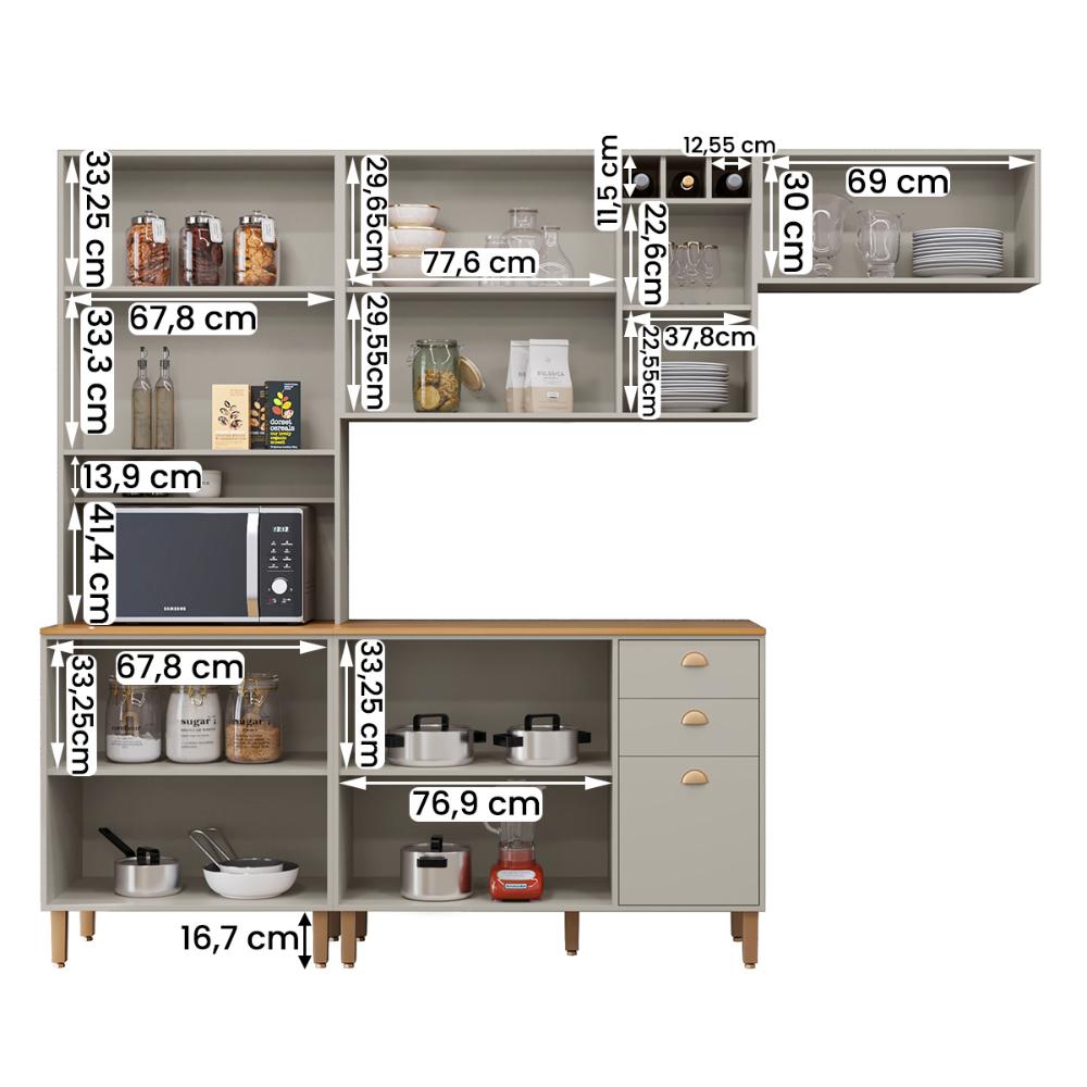 Cozinha Tunísia Completa 263cm com 10 Portas e 2 Gavetas Off White/Canelato