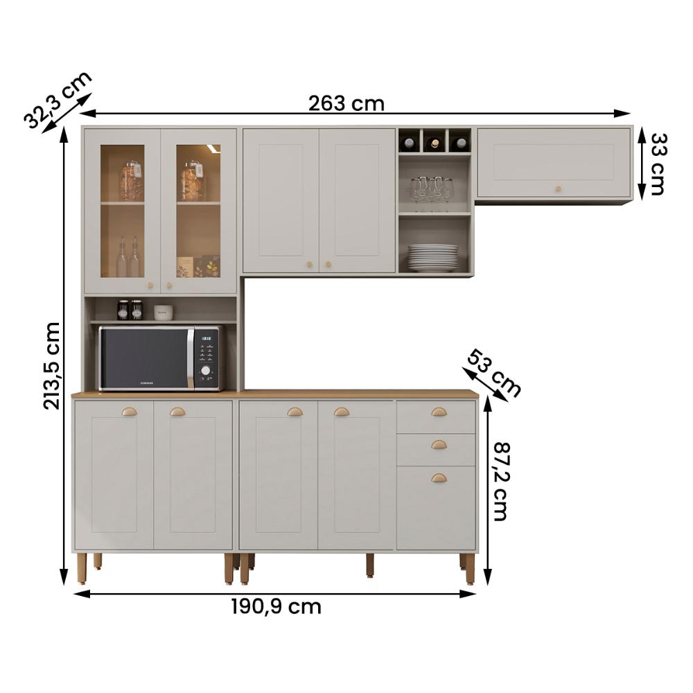 Cozinha Tunísia Completa 263cm com 10 Portas e 2 Gavetas Off White/Canelato