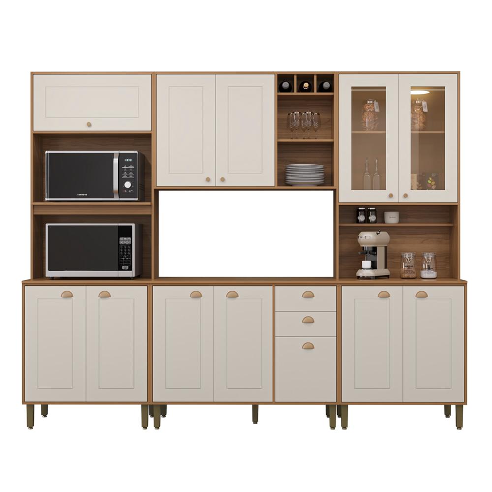 Cozinha Tunísia Completa 263cm com 12 Portas e 2 Gavetas Canelato/Off White