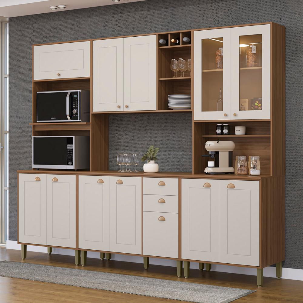 Cozinha Tunísia Completa 263cm com 12 Portas e 2 Gavetas Canelato/Off White
