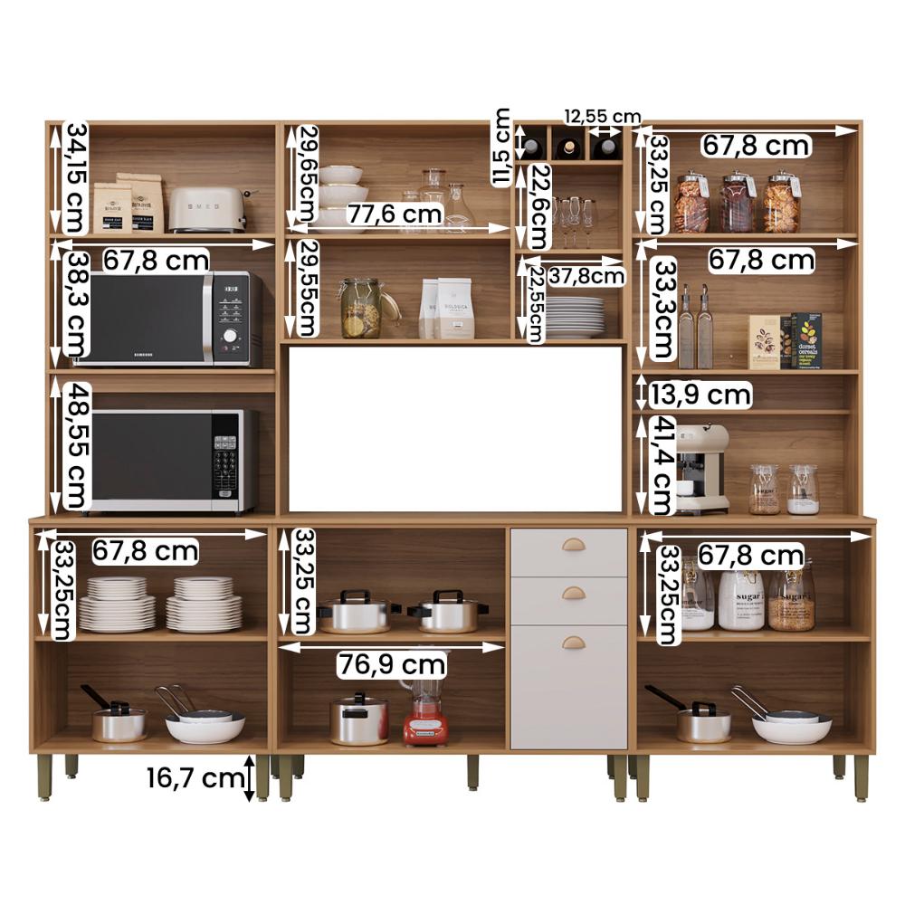 Cozinha Tunísia Completa 263cm com 12 Portas e 2 Gavetas Canelato/Off White
