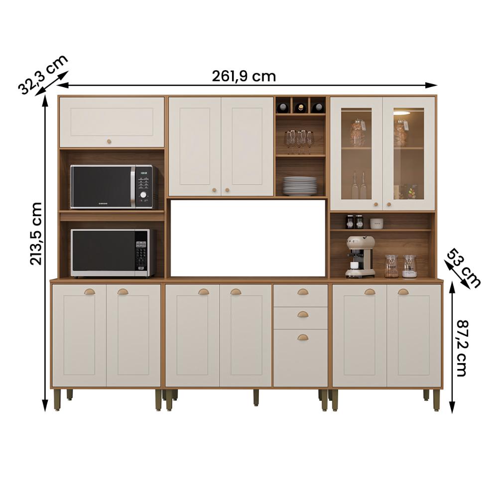 Cozinha Tunísia Completa 263cm com 12 Portas e 2 Gavetas Canelato/Off White