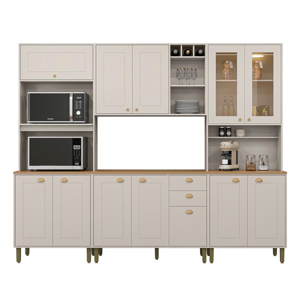 Cozinha Tunísia Completa 263cm com 12 Portas e 2 Gavetas Off White/Canelato