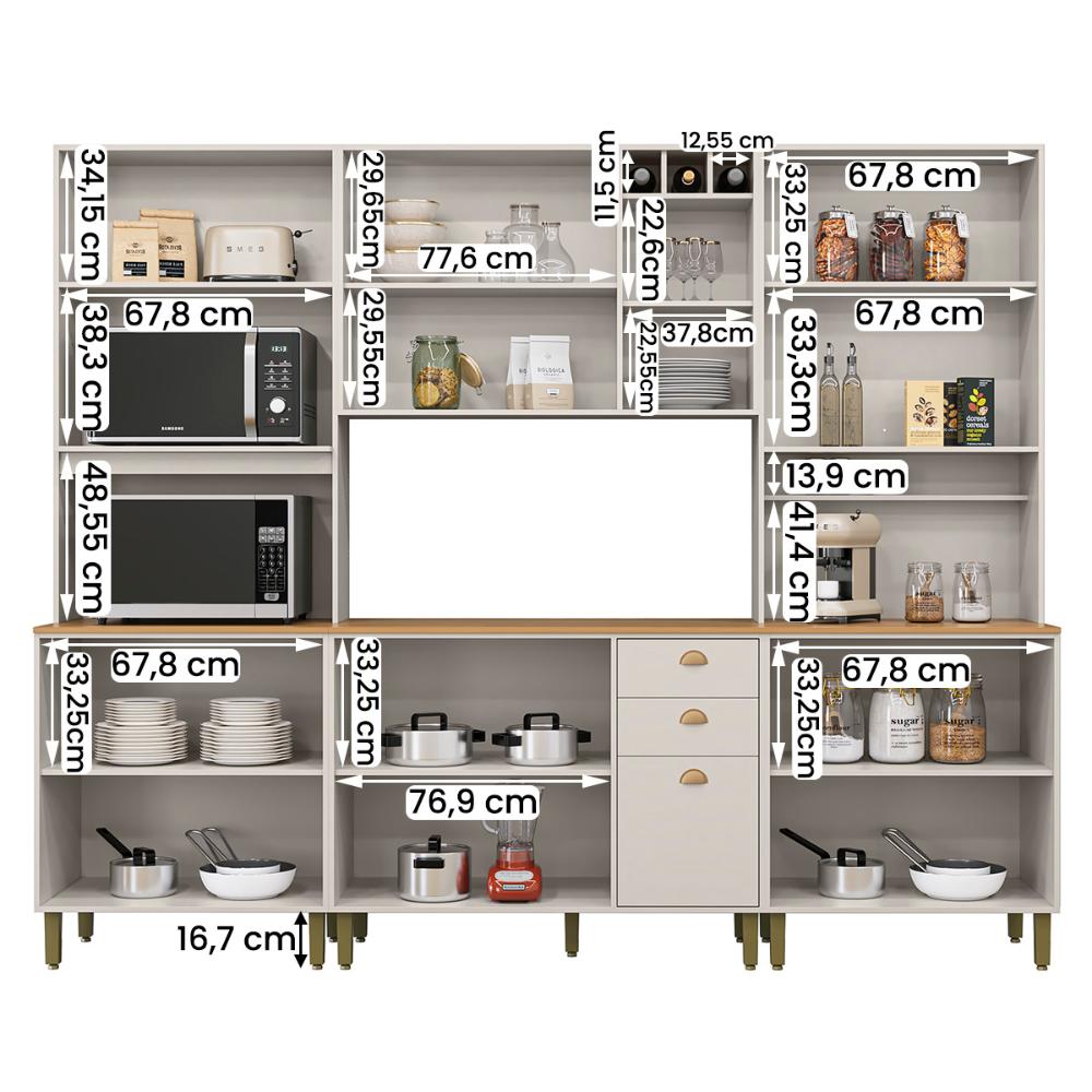 Cozinha Tunísia Completa 263cm com 12 Portas e 2 Gavetas Off White/Canelato