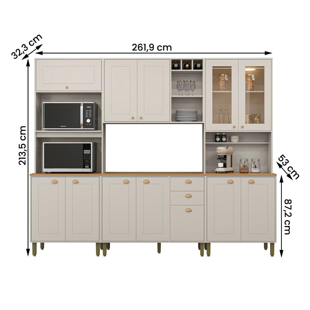 Cozinha Tunísia Completa 263cm com 12 Portas e 2 Gavetas Off White/Canelato